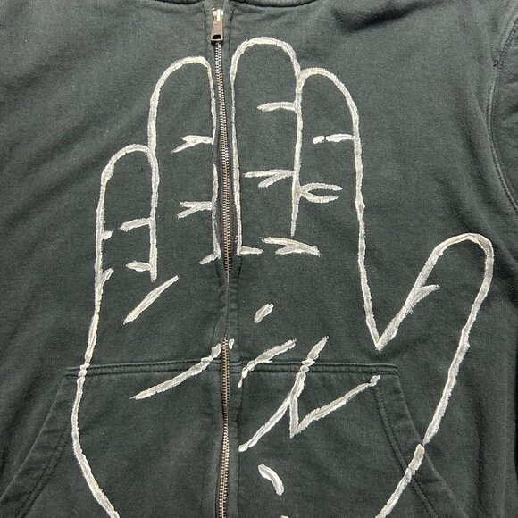 Vintage y2k waffle knit thermal lined hoodie full zip hand painted black large - Picture 2 of 5